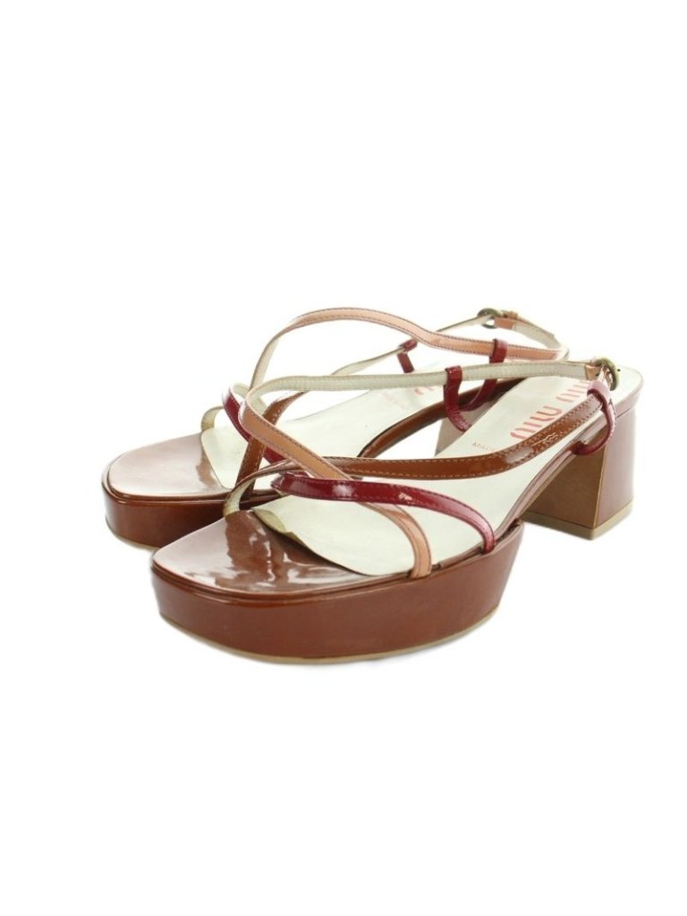 Miu Miu Miu Strap Sandals Thick Sole Logo Enamel Leather 37 Brown
